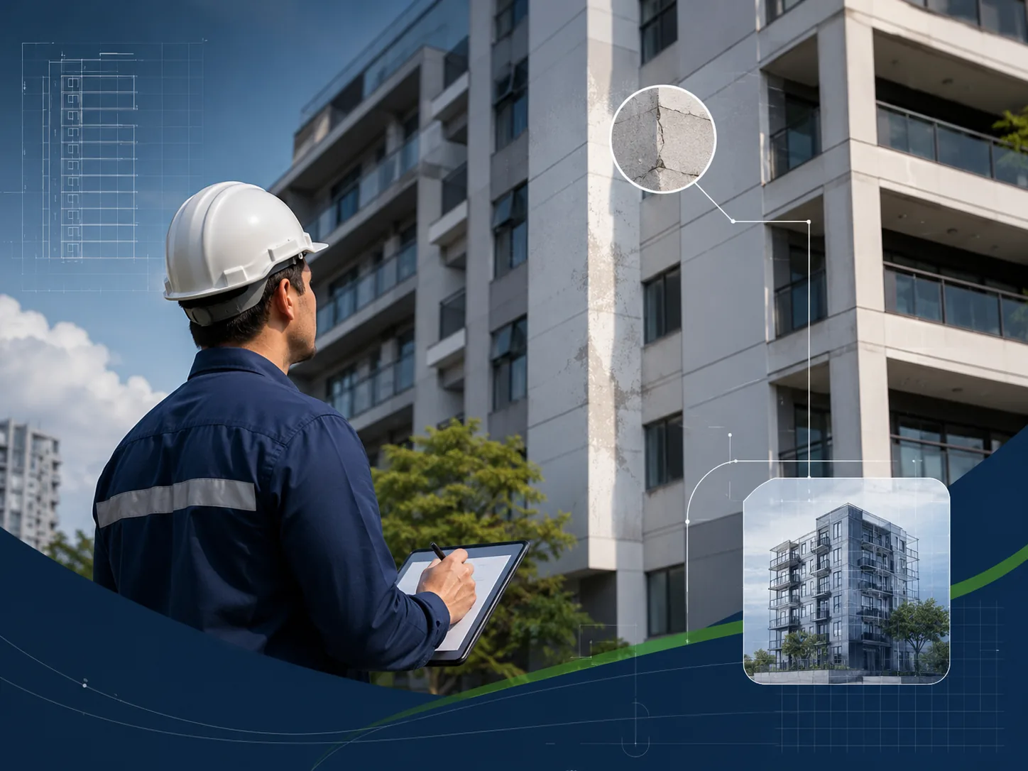 Engenheiro realizando inspeção predial em edifício